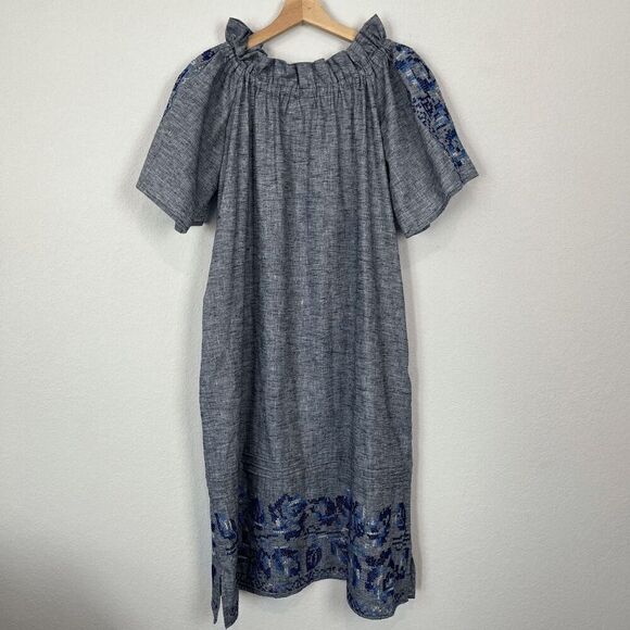 Margarita Mercantile Blue Chambray Embroidered Short Sleeve Dress Women’s Medium - Picture 3 of 6